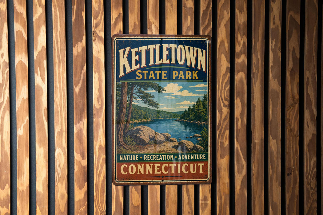 A vintage metal sign for kettletown state park hangs on a wooden wall, featuring a scenic image of a lake surrounded by trees and mountains.