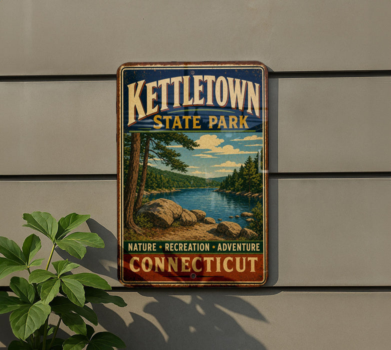 A vintage-style metal sign for kettletown state park, featuring a scenic landscape with a river, trees, and mountains.
