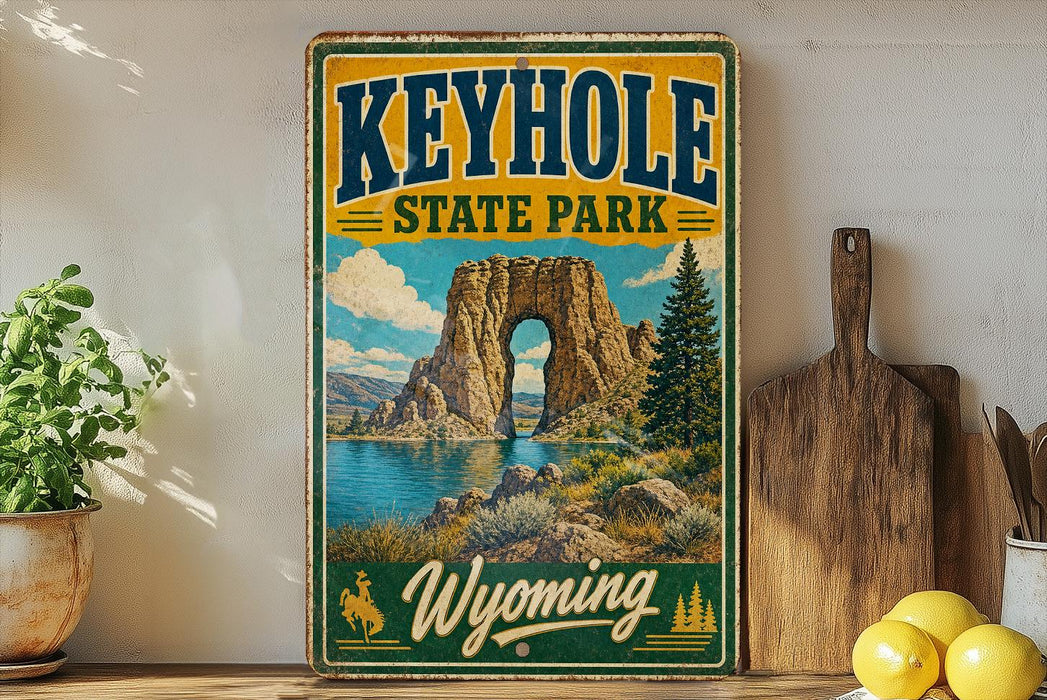 A vintage-style sign for Keyhole State Park in Wyoming, featuring a scenic landscape with a large rock formation, a lake, and mountains in the background.