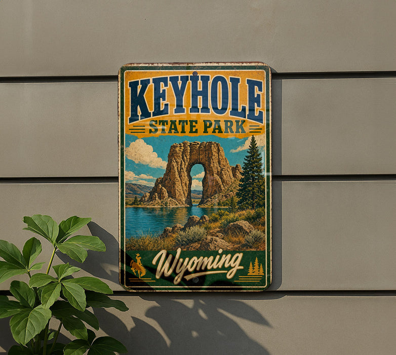 A vintage-style sign for Keyhole State Park in Wyoming, featuring a scenic landscape with a large rock formation, a lake, and a pine tree.