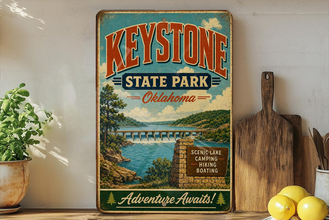 A vintage-style sign for Keystone State Park in Oklahoma, featuring a scenic lake and mountains, is displayed on a shelf next to a wooden cutting board and some lemons.