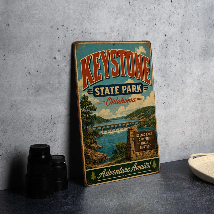 A vintage-style sign for Keystone State Park, Oklahoma, featuring a scenic illustration of a bridge and a lake.