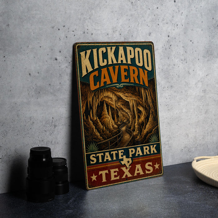 A vintage-style metal sign for the Kickapoo Cave State Park in Texas, featuring an illustration of the cave and the text "KICKAPOO CAVEN" in a decorative font.