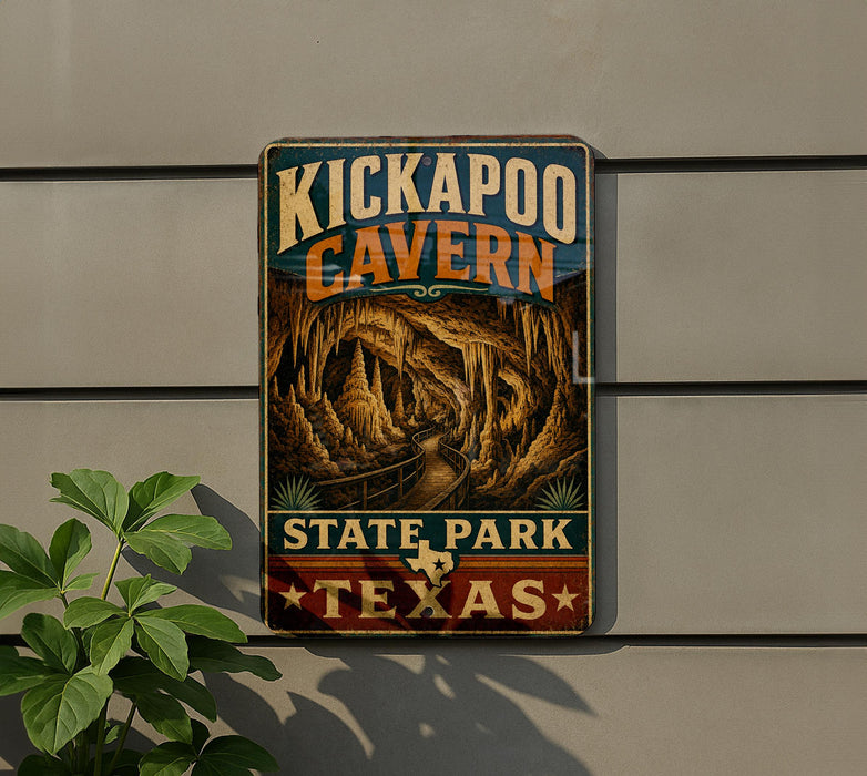 A vintage-style sign for the Kickapoo Cave State Park in Texas, featuring an illustration of the cave system.