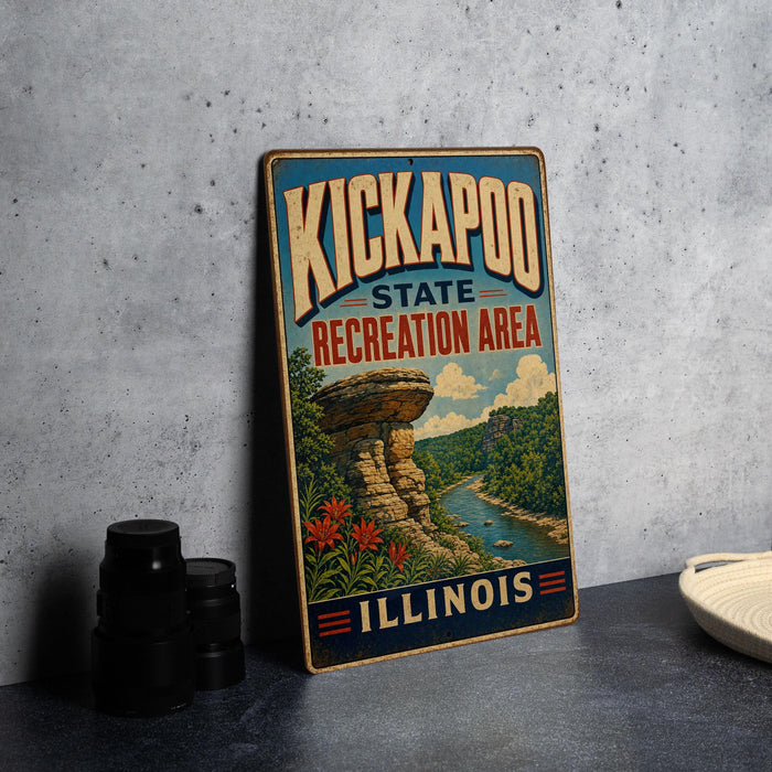 A vintage-style metal sign for the Kickapoo State Recreation Area in Illinois, featuring a scenic landscape with a rock formation and a river.