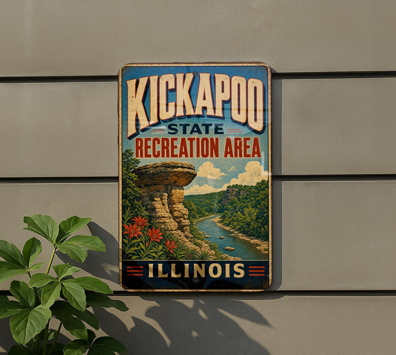 A vintage-style sign for the Kickapoo State Recreation Area in Illinois, featuring a scenic landscape with a river, cliffs, and flowers.