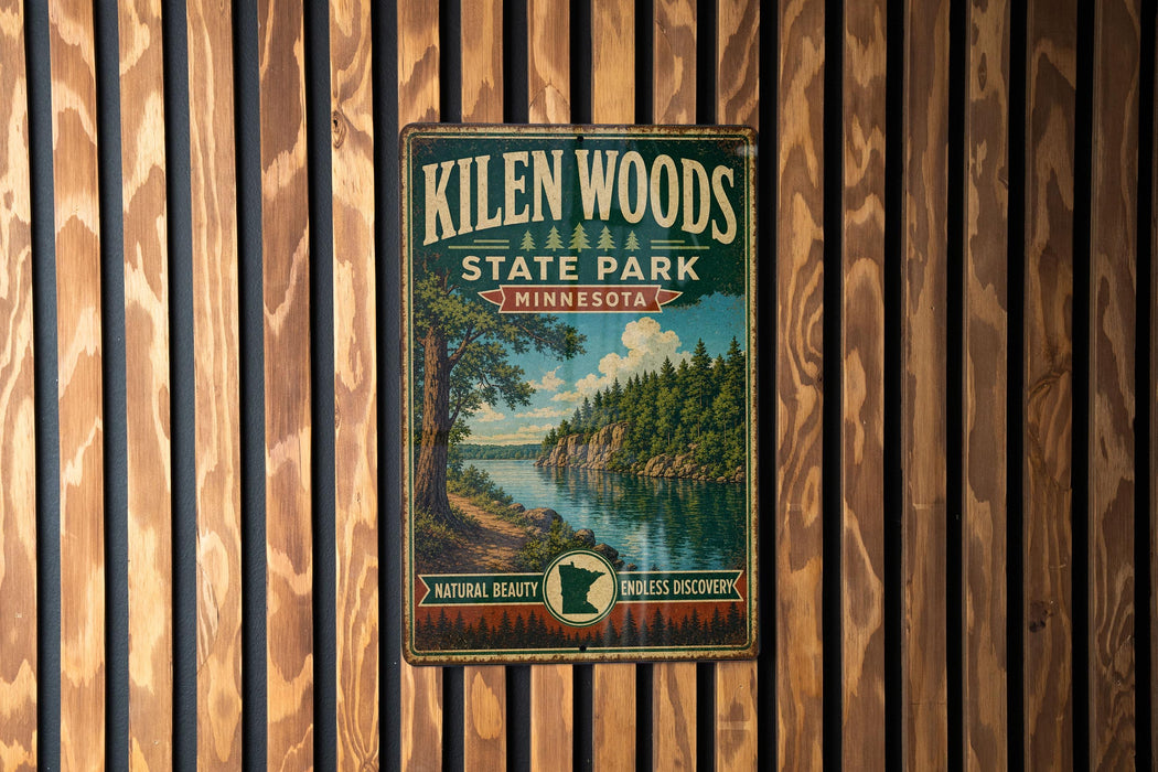 A vintage metal sign for Kilen Woods State Park in Minnesota, featuring a scenic landscape with a lake and forest.