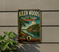 A vintage-style metal sign for Kilen Woods State Park in Minnesota, featuring a scenic landscape with a river and trees.