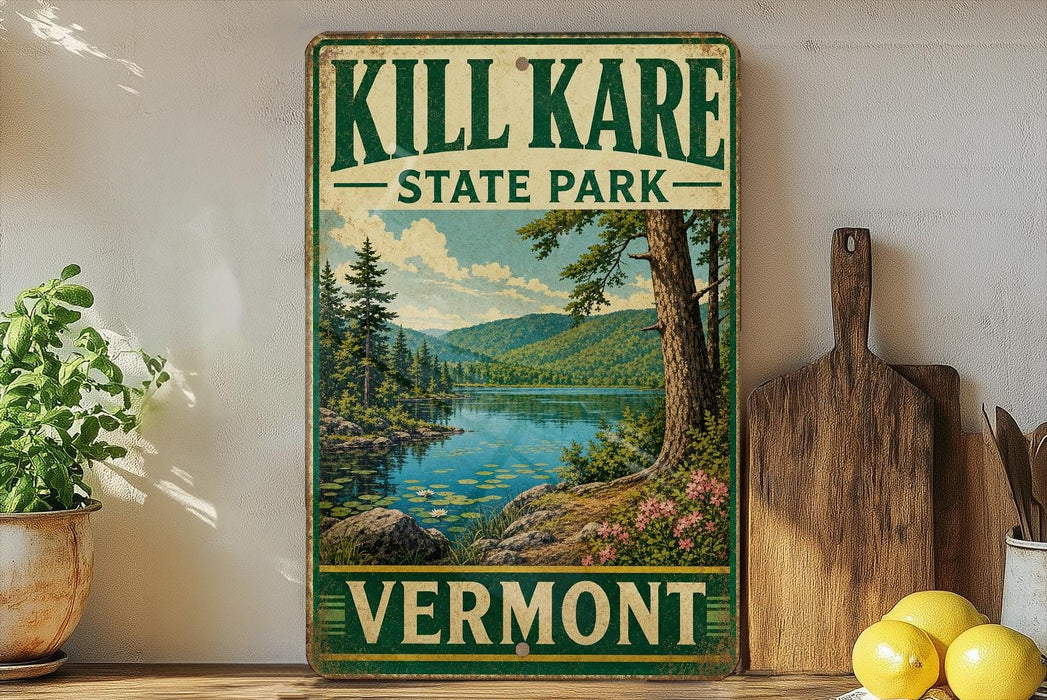 A vintage-style sign for Kill Kare State Park in Vermont, featuring a scenic landscape with a lake and mountains.