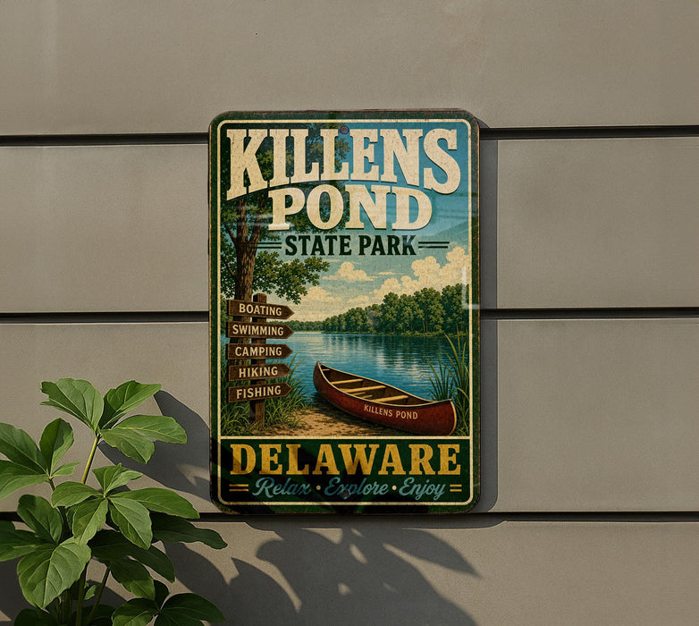 A metal sign on a wall advertising Killens Pond State Park in Delaware, featuring a scenic image of a lake with a canoe and surrounded by trees.