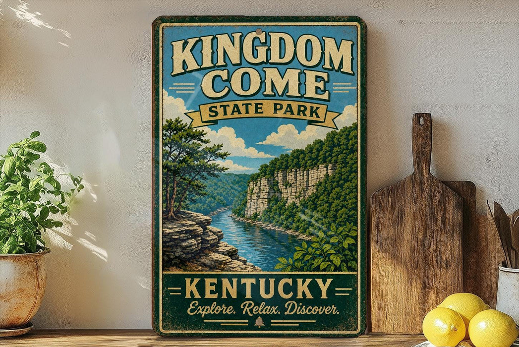 A vintage-style sign for Kingdom Come State Park in Kentucky, featuring a scenic landscape with a river and mountains.