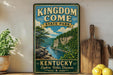 A vintage-style sign for Kingdom Come State Park in Kentucky, featuring a scenic landscape with a river and mountains.