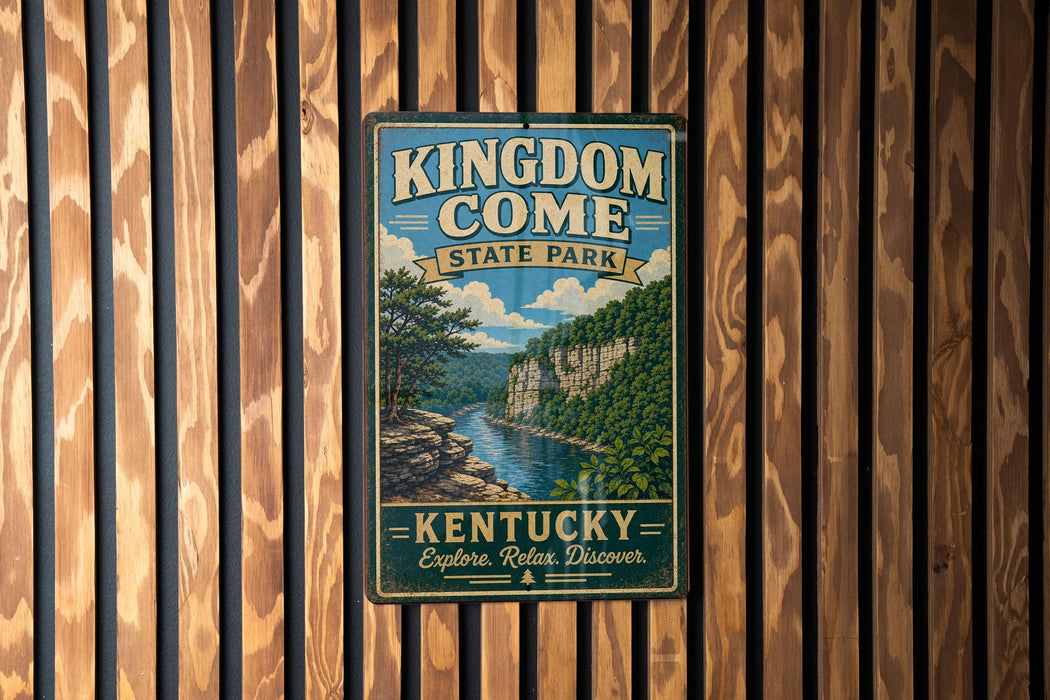 A vintage-style metal sign for Kingdom Come State Park in Kentucky, featuring a scenic landscape with a river and mountains.
