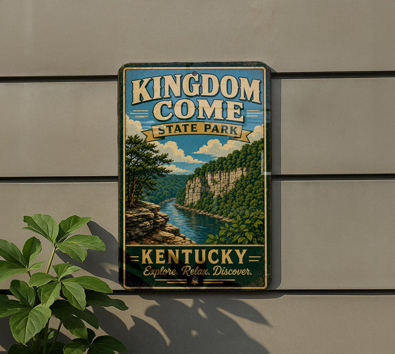 A vintage-style sign for Kingdom Come State Park in Kentucky, featuring a scenic illustration of a river and mountains.
