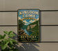 A vintage-style sign for Kingdom Come State Park in Kentucky, featuring a scenic illustration of a river and mountains.