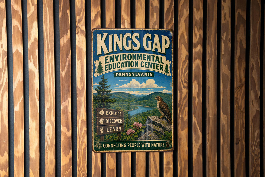 A vintage metal sign for the Kings Gap Environmental Education Center in Pennsylvania, featuring a scenic landscape with a bird perched on a rock.