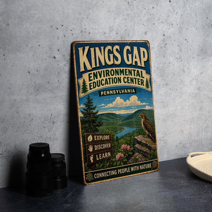 A vintage-style sign for the Kings Gap Environmental Education Center in Pennsylvania, featuring a scenic landscape with a bird perched on a rock.