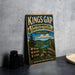 A vintage-style sign for the Kings Gap Environmental Education Center in Pennsylvania, featuring a scenic landscape with a bird perched on a rock.
