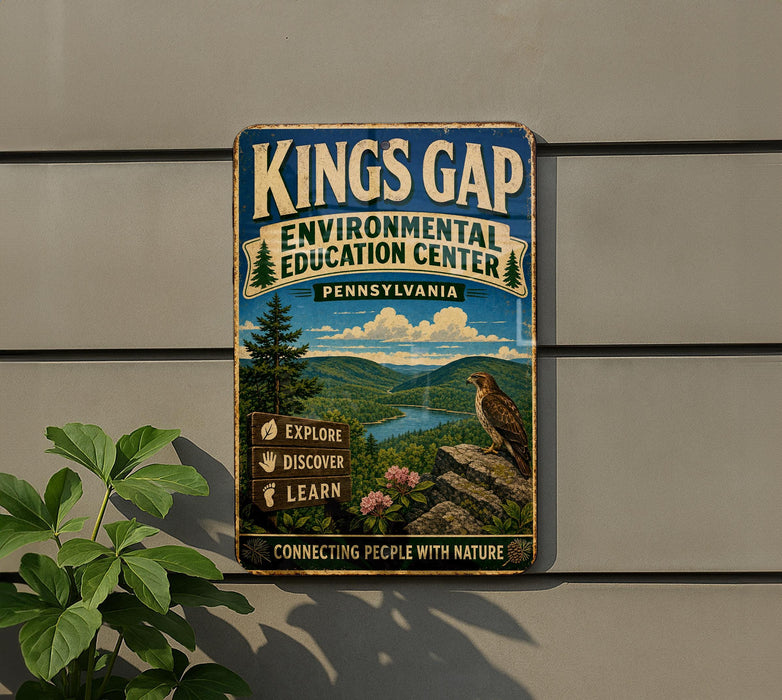 A vintage-style sign for the Kings Gap Environmental Education Center in Pennsylvania, featuring a scenic mountain landscape with a bird perched on a rock.