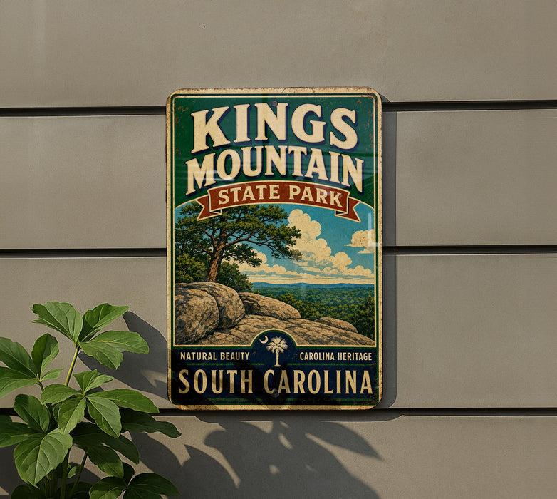 A vintage metal sign for Kings Mountain State Park in South Carolina, featuring a scenic landscape with a tree, rocks, and a cloudy sky.
