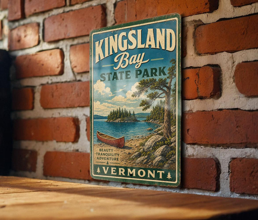 A vintage-style sign for Kingsland Bay State Park in Vermont, featuring a scenic landscape with a lake, trees, and a canoe.