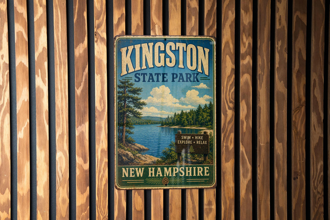 A vintage metal sign for Kingston State Park in New Hampshire, featuring a scenic landscape with a lake and mountains.