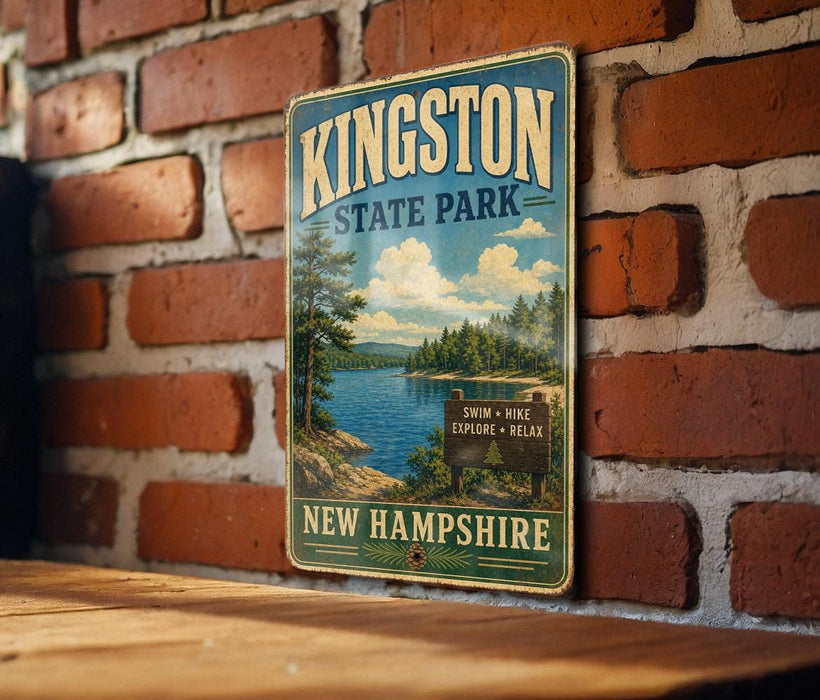 A vintage-style sign for Kingston State Park in New Hampshire, featuring a scenic landscape with a lake and mountains.