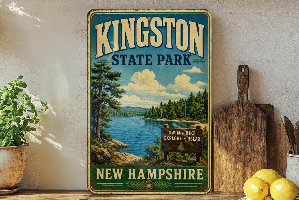 A vintage-style sign for Kingston State Park in New Hampshire, featuring a scenic landscape with a lake and mountains.