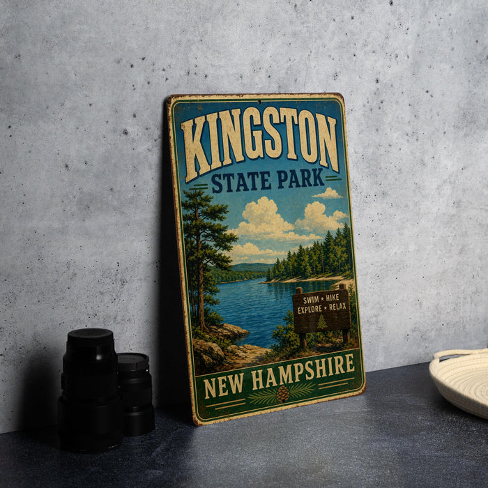 A vintage-style metal sign for Kingston State Park, featuring a scenic landscape with a lake and pine trees, is displayed on a gray countertop next to a stack of black camera lenses.