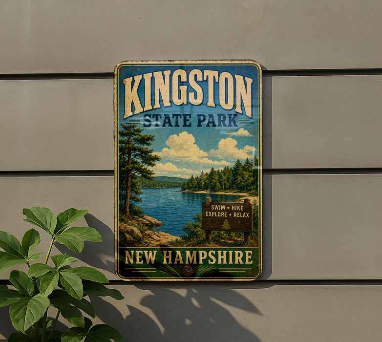 A vintage-style metal sign for Kingston State Park in New Hampshire, featuring a scenic landscape with a lake and mountains.