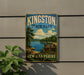 A vintage-style metal sign for Kingston State Park in New Hampshire, featuring a scenic landscape with a lake and mountains.