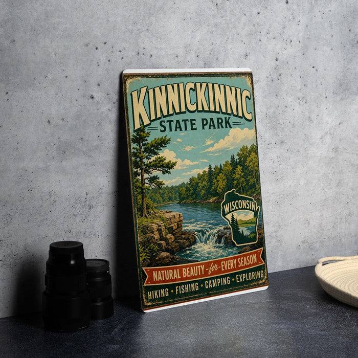 A vintage-style poster advertising Kinnickinnic State Park, featuring a scenic landscape with a river, trees, and a waterfall.
