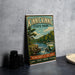 A vintage-style poster advertising Kinnickinnic State Park, featuring a scenic landscape with a river, trees, and a waterfall.