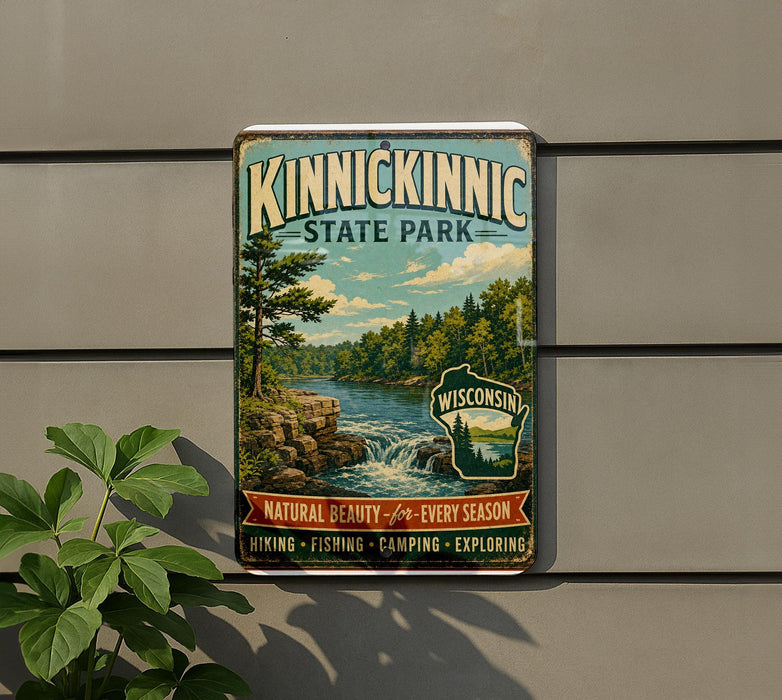 A vintage-style sign for Kinnickinnic State Park, featuring a scenic landscape with a river, trees, and a waterfall.