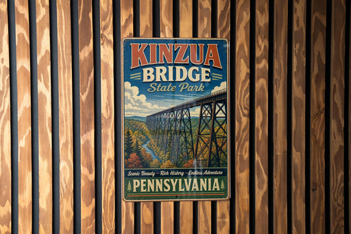 A vintage-style metal sign for Kinzua Bridge State Park in Pennsylvania, featuring a scenic image of the bridge and surrounding landscape.