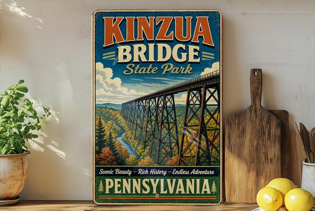 A vintage-style poster of Kinzua Bridge in Pennsylvania, featuring a scenic view of the bridge and surrounding landscape.