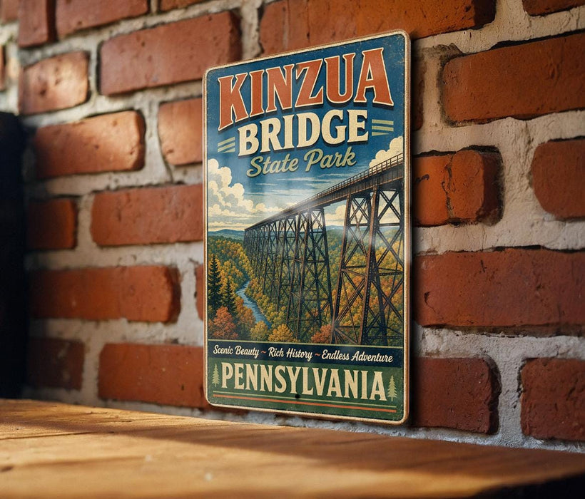 A vintage-style metal sign for Kinzua Bridge State Park in Pennsylvania, featuring a scenic image of the bridge and surrounding landscape.