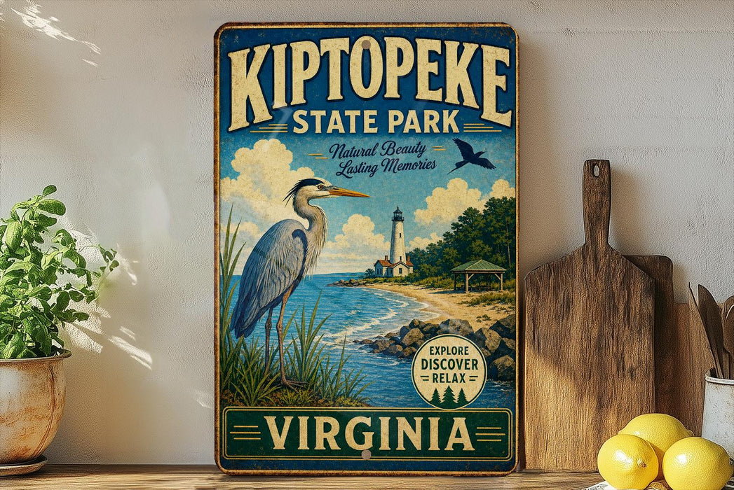 A vintage-style sign for Kiptopek State Park, featuring an illustration of a heron and a lighthouse, with the text "Kiptopek State Park" and "Natural Beauty Lasting Memories" prominently displayed.