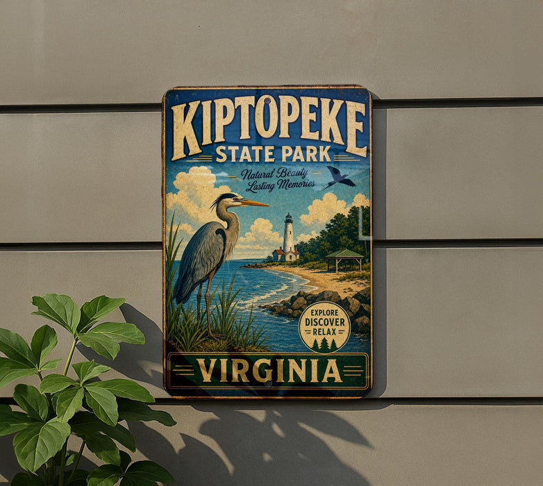 A vintage-style metal sign for Kiptopek State Park, featuring a large heron and a lighthouse, is displayed on a wall next to a plant.