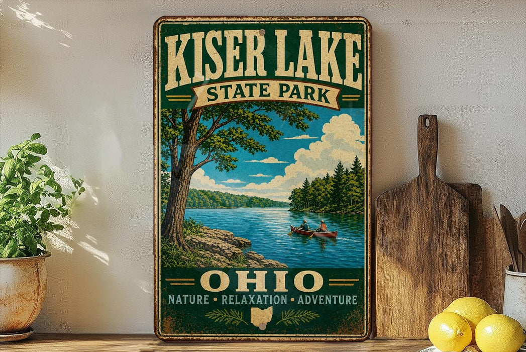 A vintage-style sign for Kiser Lake State Park in Ohio, featuring a scenic illustration of a lake with a canoe and trees, along with the text "Kiser Lake State Park" and "OHIO" prominently displayed.