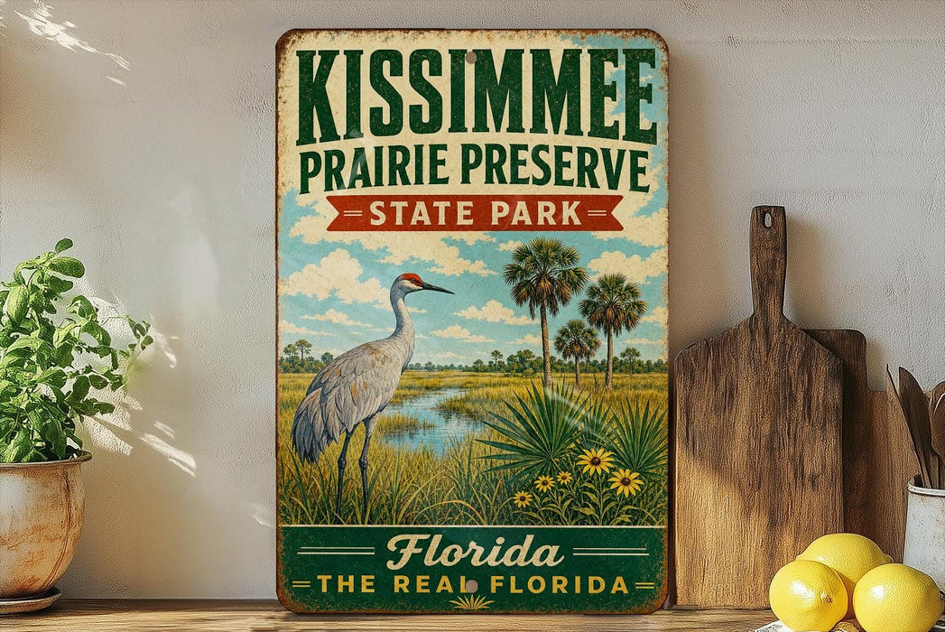 A vintage-style sign for Kissimmee Prairie Preserve, featuring a bird and palm trees, is displayed on a shelf next to a wooden cutting board and some lemons.