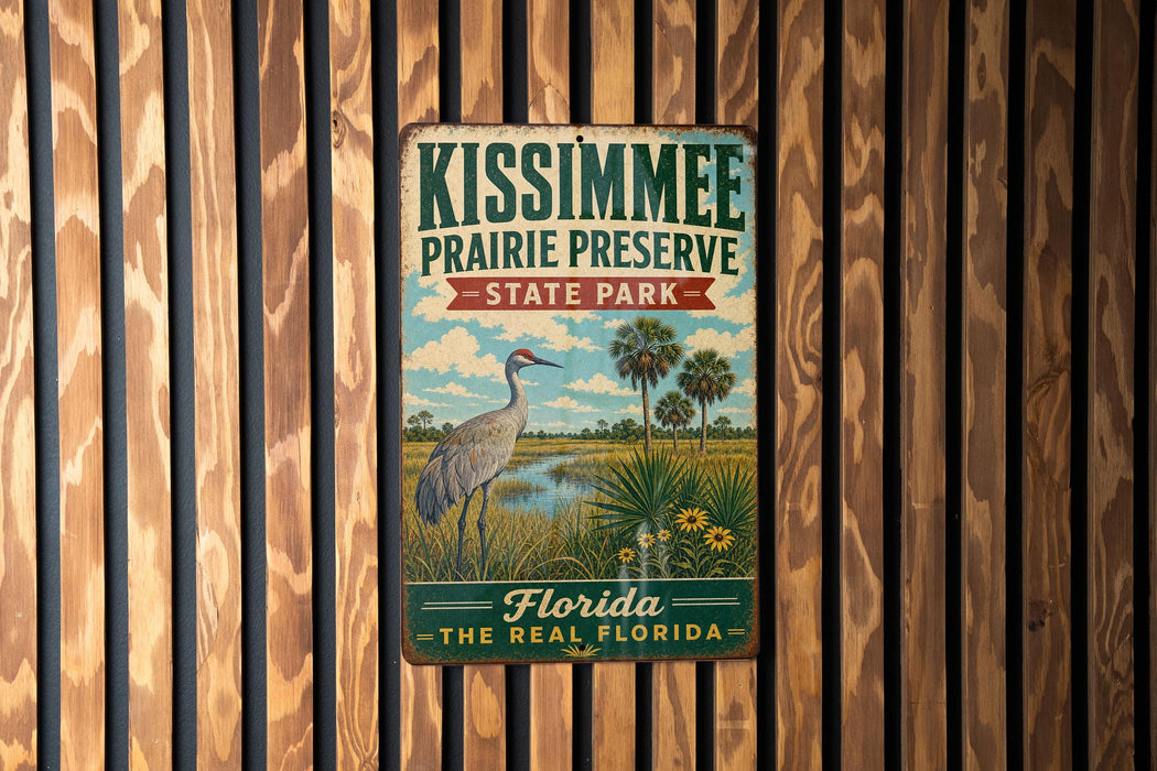 A vintage metal sign for Kissimmee Prairie Preserve, featuring a bird and palm trees, is displayed on a wooden wall.