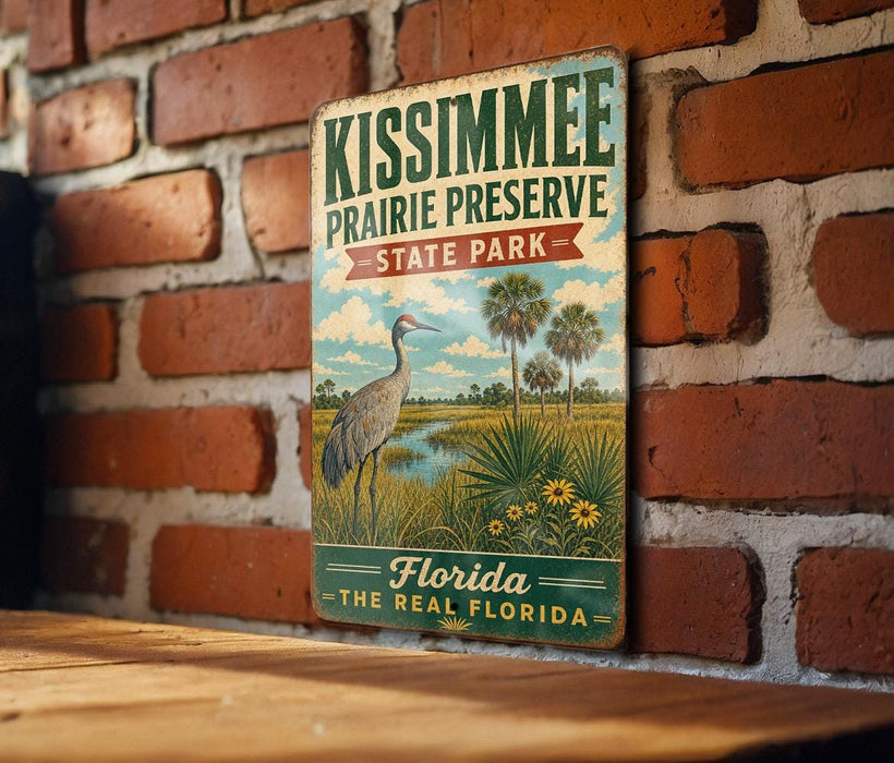 A vintage metal sign for Kissimmee Prairie Preserve, featuring a bird and palm trees, is displayed on a brick wall.