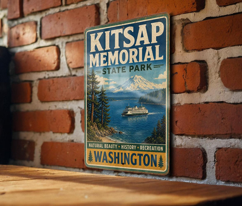 A vintage-style metal sign for Kitsap Memorial State Park in Washington, featuring a scenic image of a mountain, water, and a ferry boat.