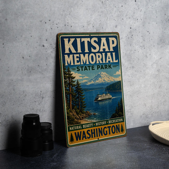 A vintage-style metal sign for Kitsap Memorial State Park in Washington, featuring a scenic image of the park and a boat on the water.