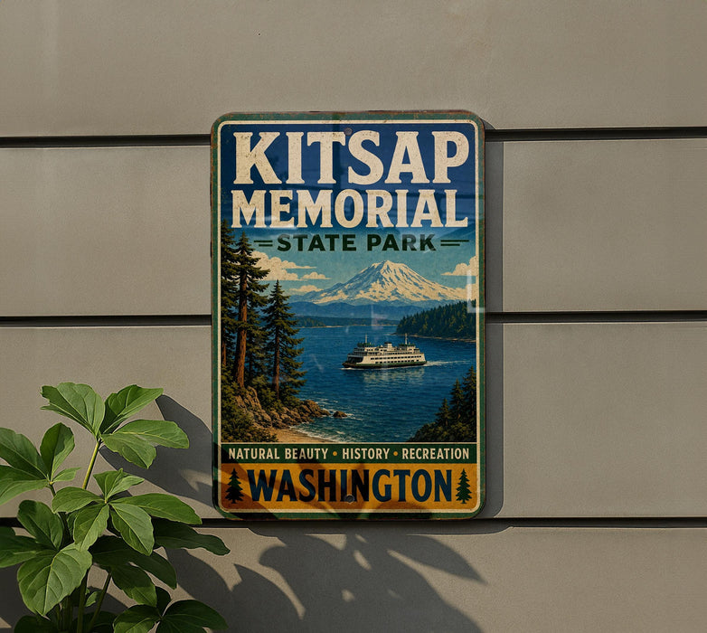 A vintage-style metal sign for Kitsap Memorial State Park in Washington, featuring a scenic image of a mountain, pine trees, and a boat on the water.