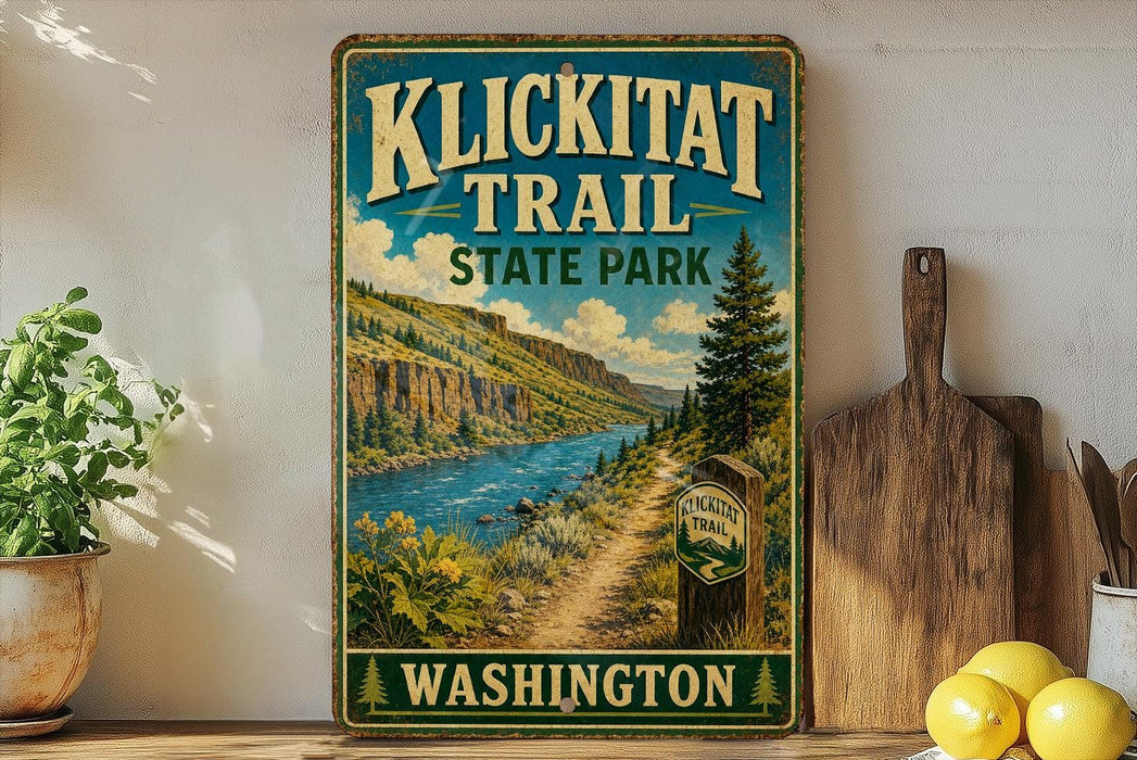 A vintage-style metal sign for Klickitat Trail, State Park in Washington, featuring a scenic mountain landscape with a river and trail marker.