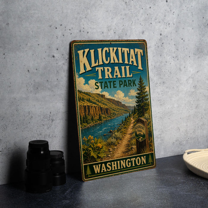 A vintage-style metal sign for Klickitat Trail State Park in Washington, featuring a scenic mountain landscape and a trail marker.