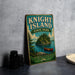 A vintage-style metal sign for Knight Island State Park in Vermont, featuring a scenic illustration of a lake, island, and canoe.