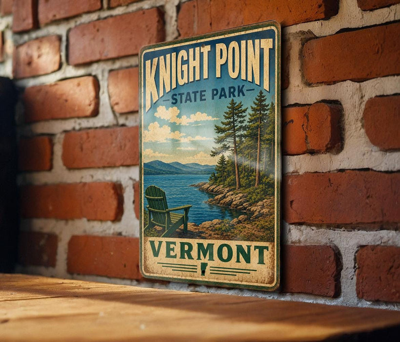 A vintage-style metal sign for Knight Point State Park in Vermont, featuring a scenic landscape with a lake, mountains, and pine trees.